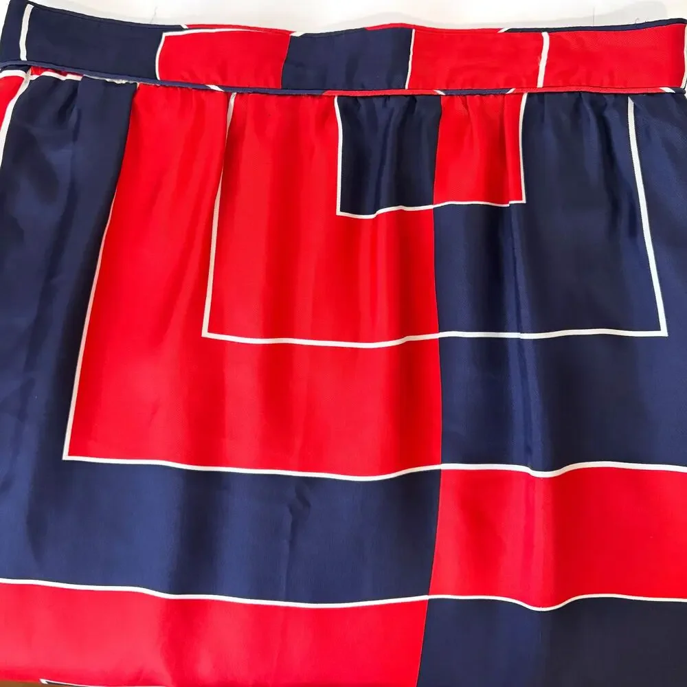 Elizabeth McKay 100% Silk Geometric Color Block Skirt Red Navy Size 10
